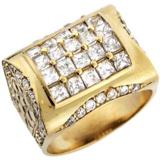 14k Yellow Gold White CZ Treasure Chest Design Etched Mens Ring: Jewelry
