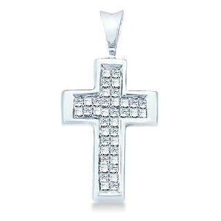 14k White Gold Princess Cut Invisible Channel Set Diamond Cross Pendant (1/4 cttw): Jewelry