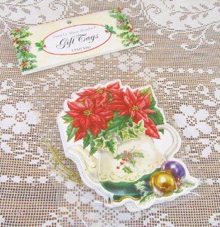 6 Carol Wilson Embossed Christmas Gift Tags Teapot w/Red Poinsettias Glitter Accents: Health & Personal Care