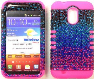 Heavy duty double impact hybrid Cover case Multi color Bling hard snap on over Pink soft silicone with Touch Pen, Zebra Earpiece, Winder and multi fiber cleaning cloth for SAMSUNG S2 Galaxy EPIC 4G TOUCH D710 R760 for SPRINT/BOOST MOBILE/VIRGIN MOBILE/US C
