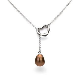 Sterling Silver Open Heart Shape with 10.5 11mm Brown Cultured Freshwater Pearl Chain Necklace 21": Jewelry