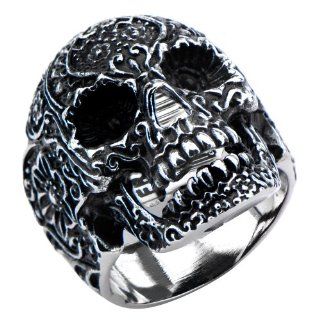 Inox Womens Stainless Steel Sovereign Black Oxidized Skull Ring Size 10 FR761 10: Jewelry