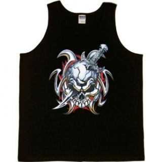 MENS TANK TOP : WHITE   SMALL   Skull With Dagger   Tribal Tattoo Goth Punk Emo Biker: Novelty T Shirts: Clothing