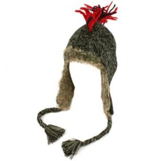 Winter Mohawk Knit Fringe Faux Fake Fur Fleece Lined Trapper Ski Cap Hat Black: Clothing