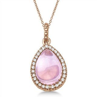 Pear Shaped Pink Quartz Cabochon and Diamond G H/SI Fashion Pendant Necklace 14K Rose Gold (3.10ctw): Allurez: Jewelry