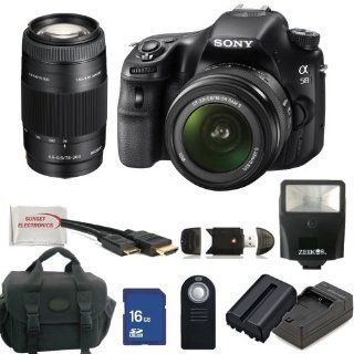 Sony Alpha SLT A58 Digital SLR Camera Kit with 18 55mm & 75 300mm Lenses. Also Includes: 16GB Memory Card, Memory Card Reader, HDMI Cable, Flash, Large Carrying Case, Extended Life Replacement Battery, Rapid Travel Chareger, Remote Control and SSE Micr