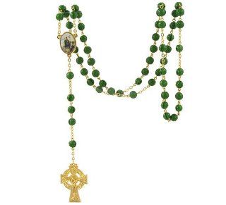 Rosary   Gold Toned Irish Celtic Cross with Green Glass Shamrock Beads and Enameled St. Patrick Medal Attached Celctic Rosary Beads Jewelry