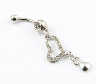 Surgical Steel Clear Crystal Heart Long Dangle Belly Button Ring Navel Bar Stud Ball 14 Guage 1.6mm Jewelry