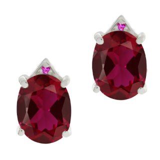 6.75 Ct Oval Red Created Ruby Pink Sapphire 18K White Gold Earrings: Jewelry