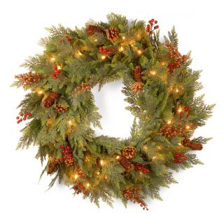 30 in. Decorative Collection Cedar Mixed Pine Pre Lit Christmas Wreath with Berries   Christmas Wreaths