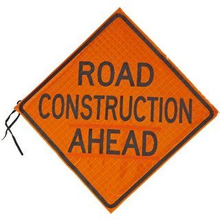 Jackson Safety 17985 Super Bright Reflexite Fluorescent Reflective Roll Up Sign, Legend "Road Construction Ahead", 48" Length, Orange Industrial Warning Signs