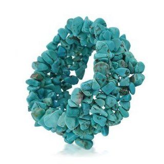 Genuine Turquoise Gemstone Chip Wide Multi Strand Stretch Bracelet, Packaged in an Organza Jewelry Bag: Jewelry