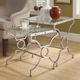 Monarch Rectangular Satin Silver Nesting Tables with Tempered Glass   2 Piece Set   End Tables