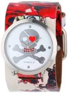 Nemesis Women's 310 821R Heart Skull Collection Flower Tattoo inspired Leather Band Watch: Watches