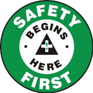 Accuform Signs MFS801 Slip Gard Adhesive Vinyl Round Floor Sign, Legend "SAFETY FIRST SAFETY BEGINS HERE", 8" Diameter, White/Black on Green: Industrial Floor Warning Signs: Industrial & Scientific