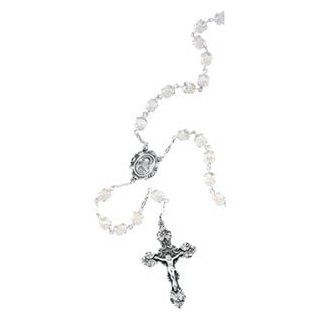 Mother of Pearl Rosary with Sterling Silver Crucifix, Links, and Medal: Jewelry