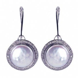 Sterling Silver 14mm Coin Freshwater Pearl & Diamond Fish Hook Earrings: Jewelry