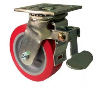 E.R. Wagner Plate Caster, Swivel with Total Lock Brake, Polyurethane on Polyolefin Wheel, Roller Bearing, 750 lbs Capacity, 5" Wheel Dia, 2" Wheel Width, 6 1/2" Mount Height, 4 1/2" Plate Length, 4" Plate Width: Industrial & Sc