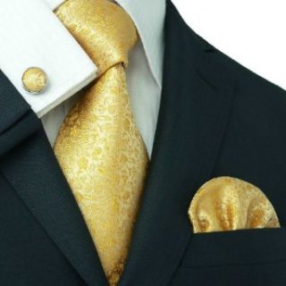 Landisun 28C Gold Yellow Floral Pattern Mens Silk Tie Set: Tie+Hanky+Cufflinks at  Mens Clothing store:
