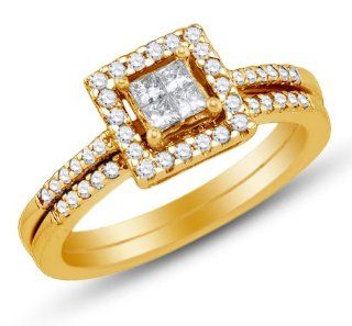 14K Yellow Gold Princess and Round Cut Diamond Bridal Engagement Ring and Matching Wedding Band Two 2 Ring Set   Invisible Set Square Princess Shape Center Setting with Channel Set Side Stones   (1/2 cttw.): Jewelry