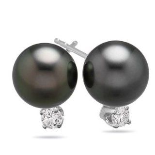 0.15 Cts Diamond & 8.5 9 mm Tahitian Cultured Pearl (AAA) Earrings in 18K White Gold: Stud Earrings: Jewelry