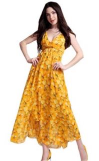 Zehui Lady's V neck Chiffon Sundress Floral Waist Split Cake Casual Skirt Dress Yellow UK8