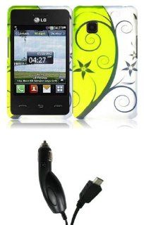 LG 840G   Accessory Combo Kit   Lily Flower Vines on Yellowish Neon Green Design Shield Case + Atom LED Keychain Light + Micro USB Car Charger: Cell Phones & Accessories
