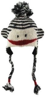 DeLux Cute Sock Monkey Wool Pilot Animal Cap/Hat with Ear Flaps and Poms   More Colors (Black/White Stripe) Clothing