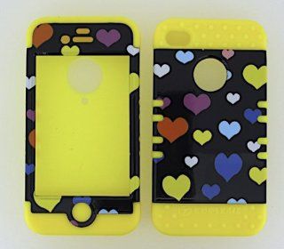 3 IN 1 HYBRID SILICONE COVER FOR APPLE IPHONE 4 4S HARD CASE SOFT YELLOW RUBBER SKIN HEARTS YE TP867 KOOL KASE ROCKER CELL PHONE ACCESSORY EXCLUSIVE BY MANDMWIRELESS: Cell Phones & Accessories