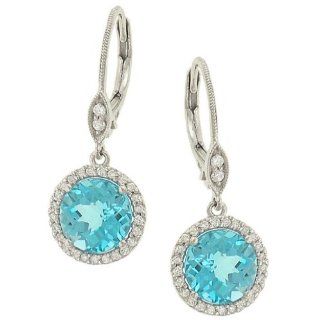 Meira T Halo Style Pave Diamond and Blue Topaz Dangle Earrings: Jewelry