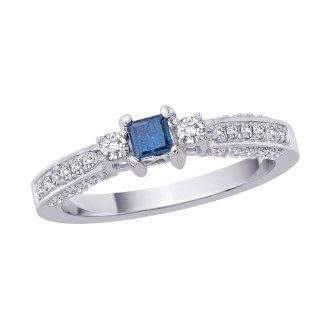 Three Stone Plus Diamond Engagement Ring with Princess Cut Blue Center Diamond in 14K White Gold (Color Blue GH, I1 Clarity, 1 cttw): Katarina: Jewelry