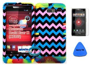 Hybrid Cover Bumper Case for Motorola Droid Razr M (XT907, 4G LTE, Verizon) Protector Baby Pink, Blue, Black Chevron Pattern Snap on + Rainbow Silicone (Included Wristband, Screen Protector and Pry Tool By Wirelessfones): Cell Phones & Accessories