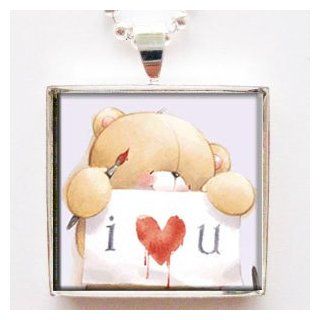 Cute I Love You Teddy Bears Glass Tile Pendant Necklace with Chain: Jewelry