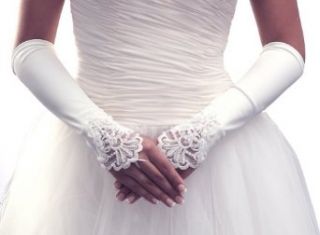 USABride Pearl Beaded Lace Below Elbow White Satin Fingerless Bridal Gloves 908S WH: Clothing