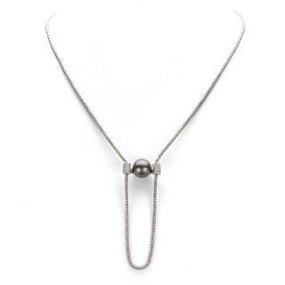 14k White Gold 0.14ct Tw Diamond 10 11mm Black South Sea Pearl Pendant 17" Fancy Popcorn Chain Necklace: Jewelry