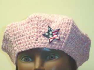 B42, Hand Crocheted Pink Chenille and Gimp Tweed Parade Beret with Star American Flag for Men Women and Teens at  Womens Clothing store