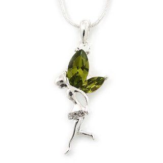 Delicate Peridot Coloured CZ 'Fairy' Pendant Necklace In Rhodium Plating   42cm Length/ 5cm Extension   August Birth Stone: Jewelry