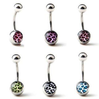 Lot of 6 Assorted 316L Surgical Steel Leopard Print Navel Ring Belly Bar Button Stud Ball 14 Guage 3/8" Jewelry