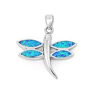 925 Sterling Silver Dragonfly Blue Opal Pendant: Jewelry