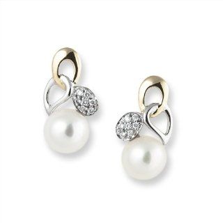 18k Gold, Freshwater Pearl Earrings, 7.5 7.0mm, "A" Quality w/ Diamonds: Mikura Pearls: Jewelry