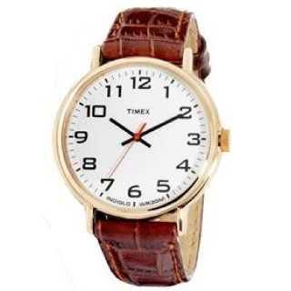 Timex H1Z931 Mens Gold Tone Round White Easy to Read Dial Analog Dress Watch with Brown Genuine Leather Strap: Timex: Watches