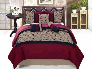 7 Pieces Queen Size Bedding Comforter Set Embroidery Flower Burgundy Black Taupe  