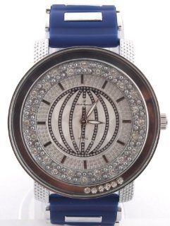 Blue with Silver Iced Out Globe Style Watch Floating Stones a Rubber Bullet Band: Watches