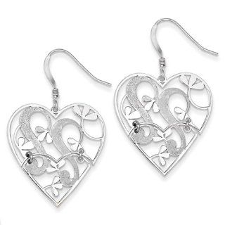 Sterling Silver Polished and Textured Heart Dangle Earrings: Jewelry