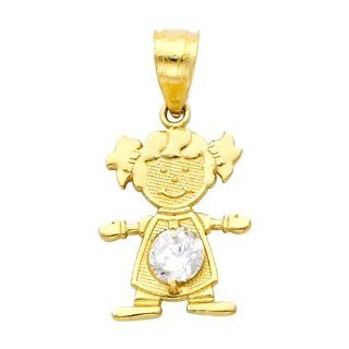 14K Yellow Gold April CZ Birthstone Girl Charm Pendant for Baby and Children (White Tapaz) Jewelry