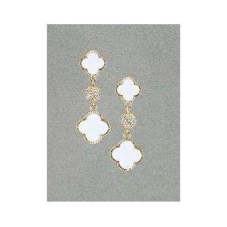 Designer Inspired Gold & White Clover Dangle Earrings with Rhinestones. 2" L: Chain Necklaces: Jewelry