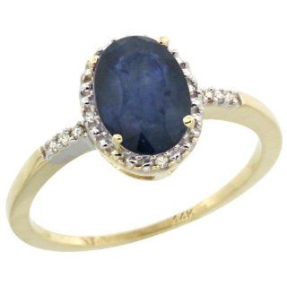 14K Yellow Gold Natural Diamond Blue Sapphire Ring Oval 8x6mm, 3/8 inch wide, sizes 5 10: Jewelry