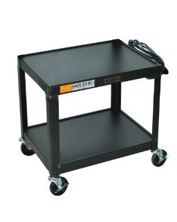 Offex Black Mobile Fixed Height Steel Audio Visual 2 Shelf Storage Utility Cart With Electric, 4" Heavy Duty Casters : Office Products