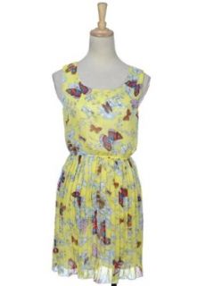 Anna Kaci S/M Fit Yellow Chiffon Butterfly Floral Pattern Short Pleated Dress at  Womens Clothing store