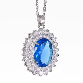 Rizilia Jewelry Stylish Lady White Gold Plated Cz Oval Cut Aqua Blue Color Amazing Pendant Necklace Chain for Dress: Jewelry